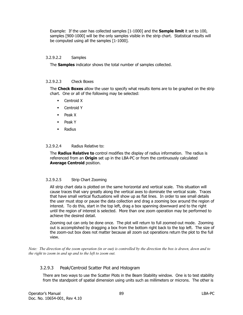 Samples, Check boxes, Radius relative to | Strip chart zooming, Peak/centroid scatter plot and histogram | SIGMA LBA-708 User Manual | Page 89 / 281