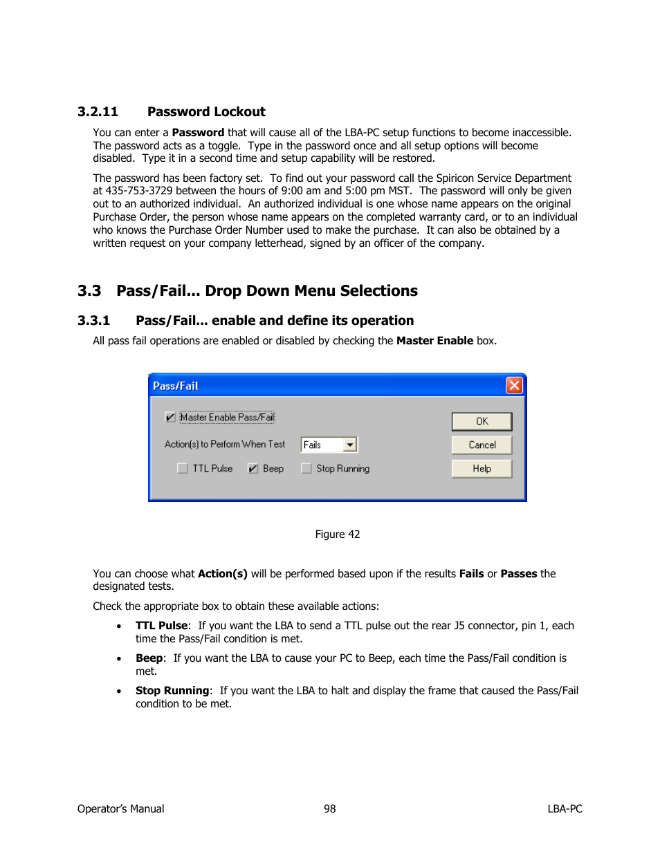 Password lockout, Pass/fail... drop down menu selections, Pass/fail... enable and define its operation | 3 pass/fail... drop down menu selections | SIGMA LBA-708 User Manual | Page 98 / 281