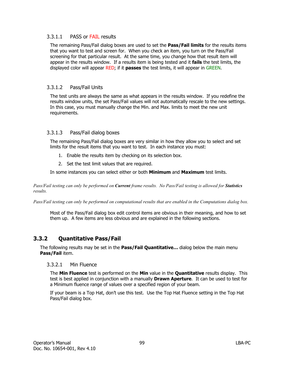 Pass or fail results, Pass/fail units, Pass/fail dialog boxes | Quantitative pass/fail, Min fluence | SIGMA LBA-708 User Manual | Page 99 / 281