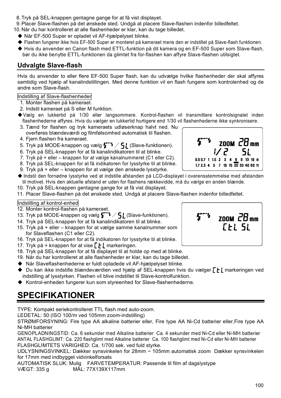 Specifikationer, Udvalgte slave-flash | SIGMA EF-500 User Manual | Page 100 / 114