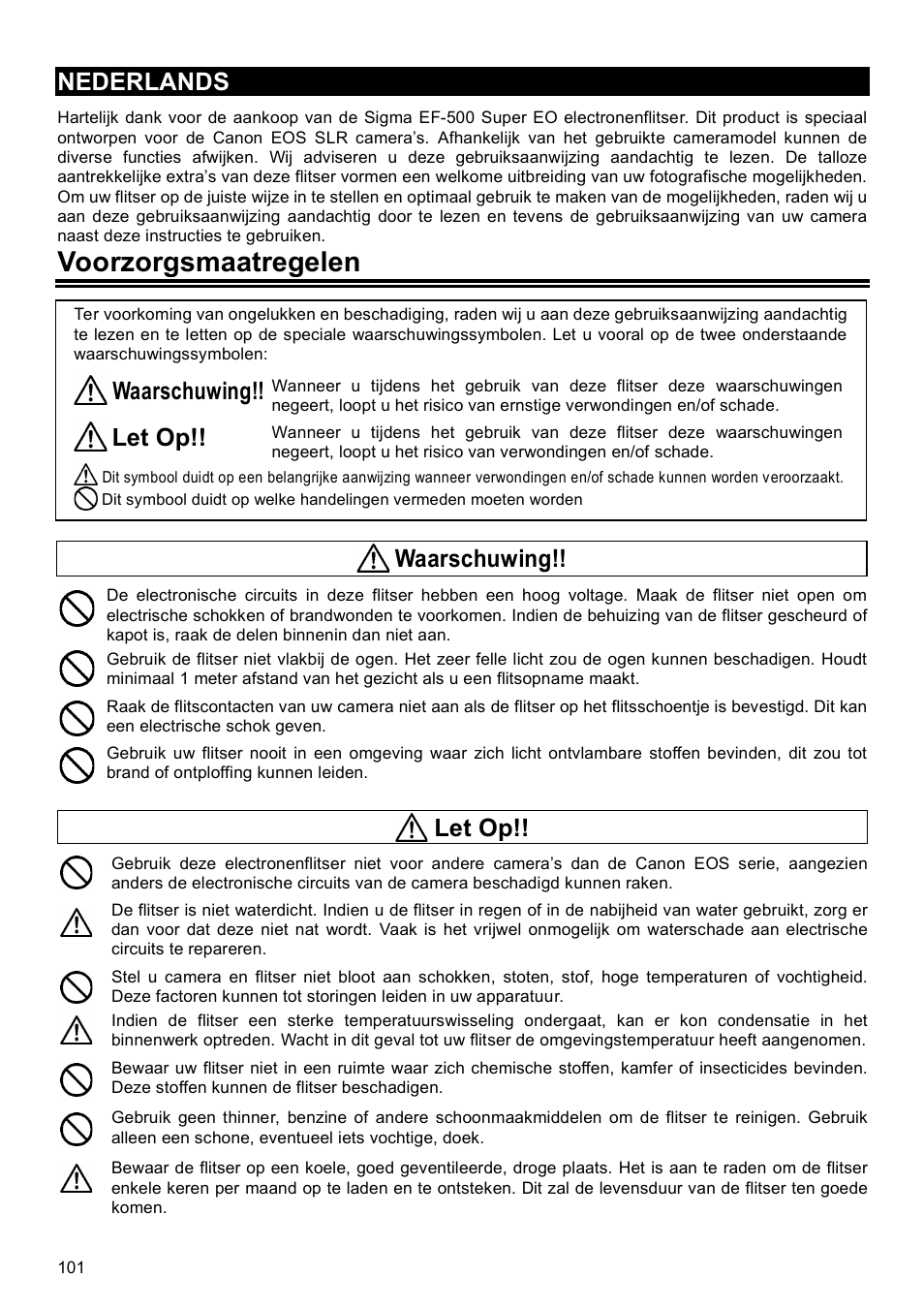 Voorzorgsmaatregelen, Nederlands, Waarschuwing | Let op | SIGMA EF-500 User Manual | Page 101 / 114