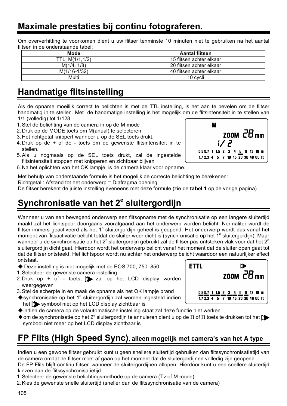 Maximale prestaties bij continu fotograferen, Handmatige flitsinstelling, Synchronisatie van het 2 | Sluitergordijn, Fp flits (high speed sync), Alleen mogelijk met camera’s van het a type | SIGMA EF-500 User Manual | Page 105 / 114