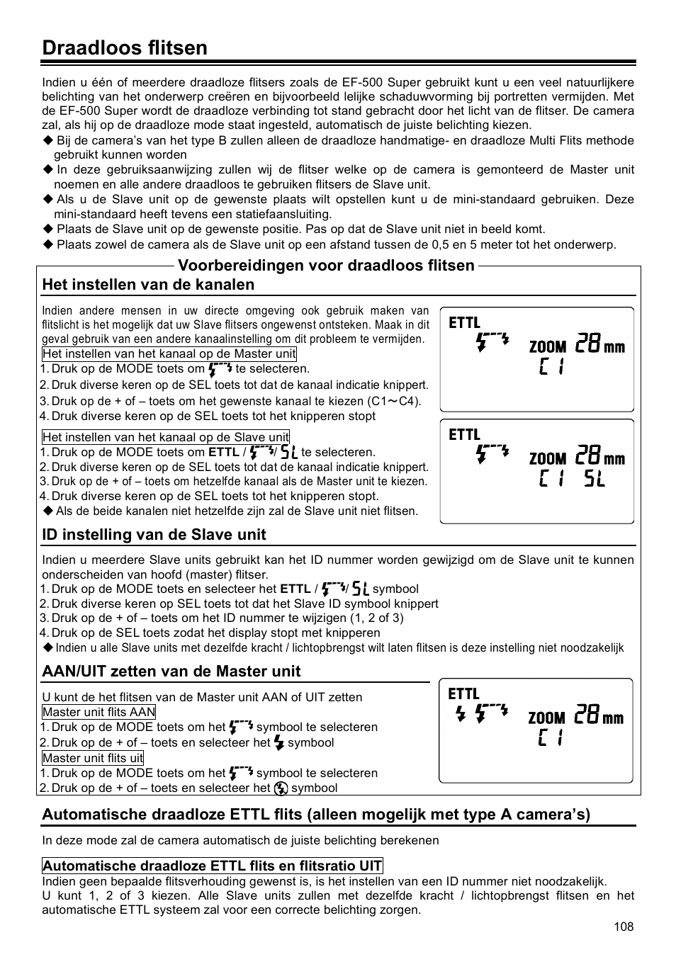 Draadloos flitsen, Het instellen van de kanalen, Id instelling van de slave unit | Aan/uit zetten van de master unit, Voorbereidingen voor draadloos flitsen | SIGMA EF-500 User Manual | Page 108 / 114