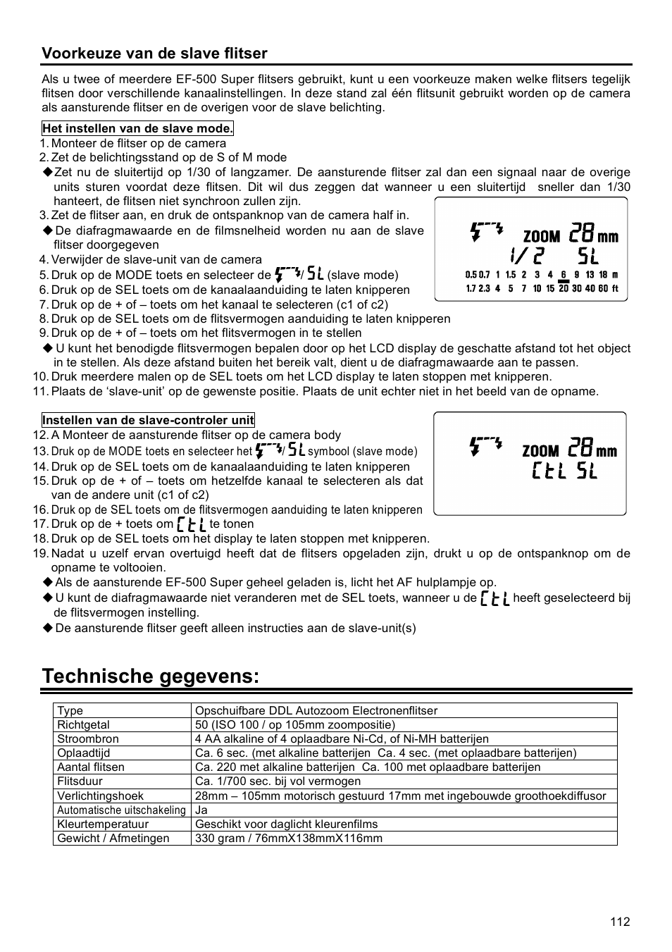 Technische gegevens, Voorkeuze van de slave flitser | SIGMA EF-500 User Manual | Page 112 / 114