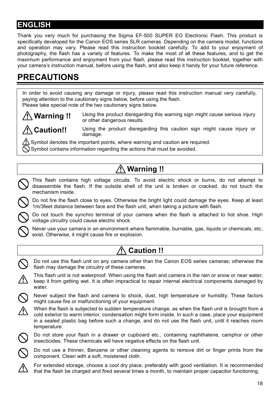 Precautions, English, Warning | Caution | SIGMA EF-500 User Manual | Page 18 / 114