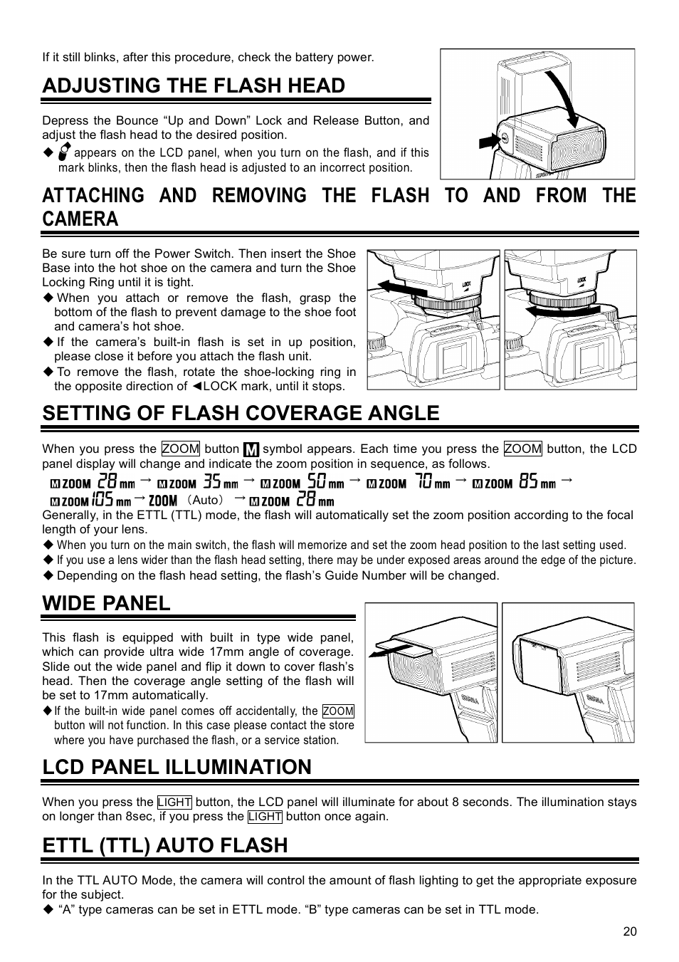 Adjusting the flash head, Setting of flash coverage angle, Wide panel | Lcd panel illumination, Ettl (ttl) auto flash | SIGMA EF-500 User Manual | Page 20 / 114