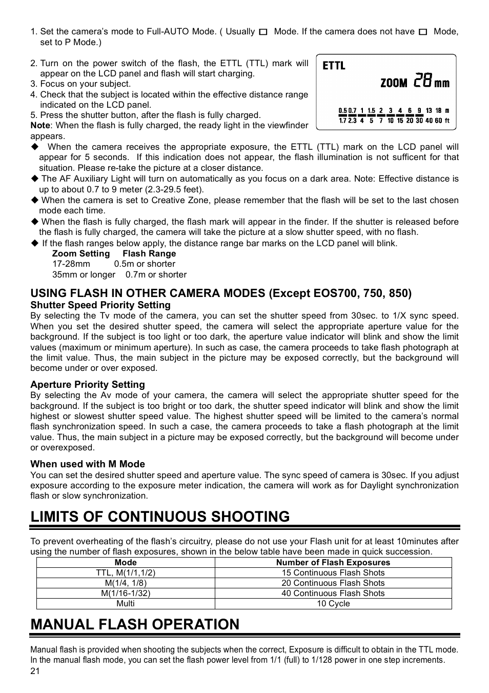 Limits of continuous shooting, Manual flash operation | SIGMA EF-500 User Manual | Page 21 / 114