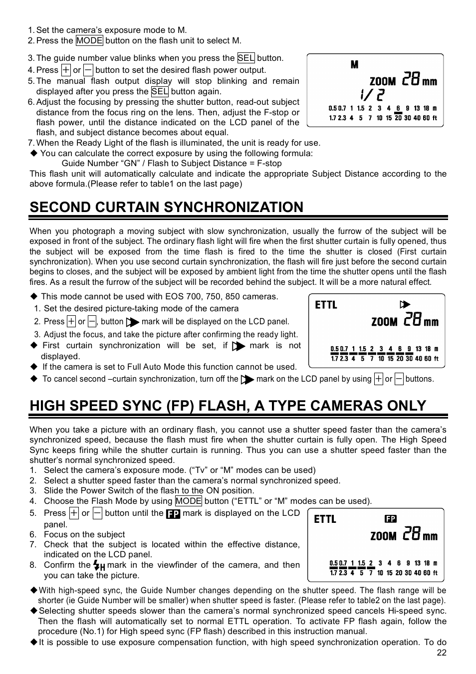 Second curtain synchronization, High speed sync (fp) flash, a type cameras only | SIGMA EF-500 User Manual | Page 22 / 114