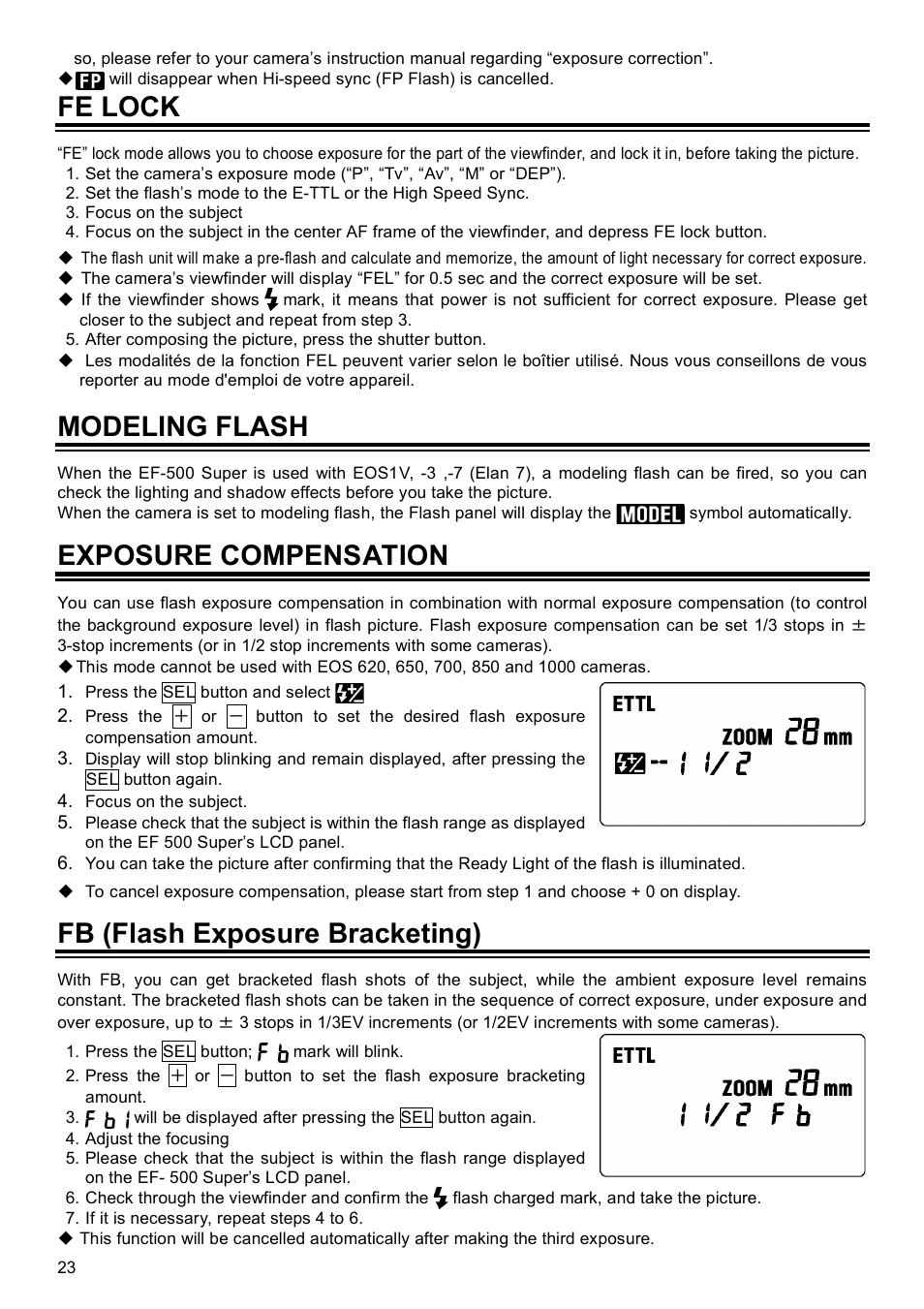 Fe lock, Modeling flash, Exposure compensation | Fb (flash exposure bracketing) | SIGMA EF-500 User Manual | Page 23 / 114