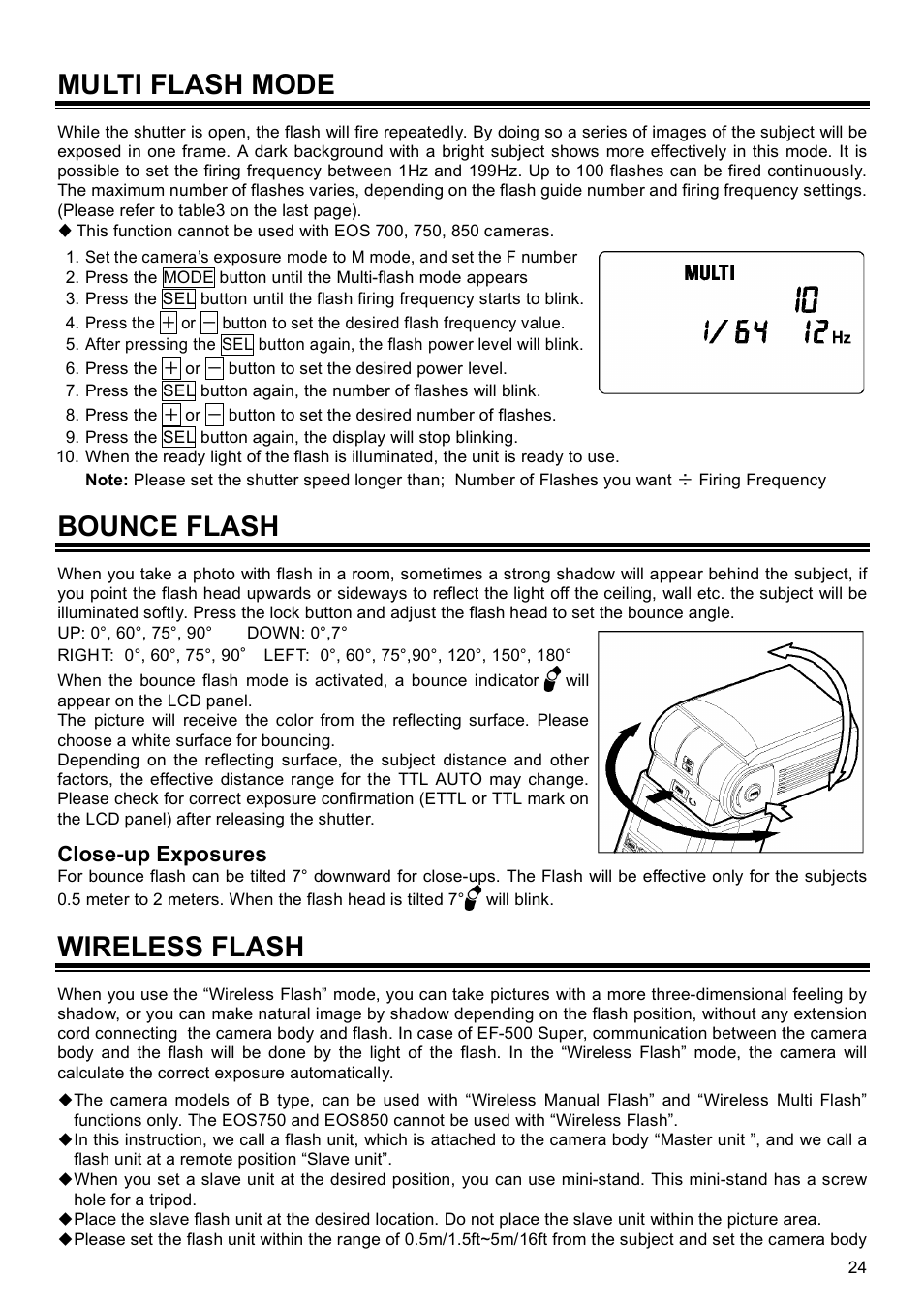 Multi flash mode, Bounce flash, Wireless flash | Close-up exposures | SIGMA EF-500 User Manual | Page 24 / 114