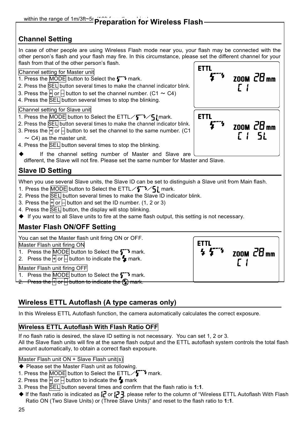 Preparation for wireless flash, Channel setting, Slave id setting | Master flash on/off setting, Wireless ettl autoflash (a type cameras only) | SIGMA EF-500 User Manual | Page 25 / 114