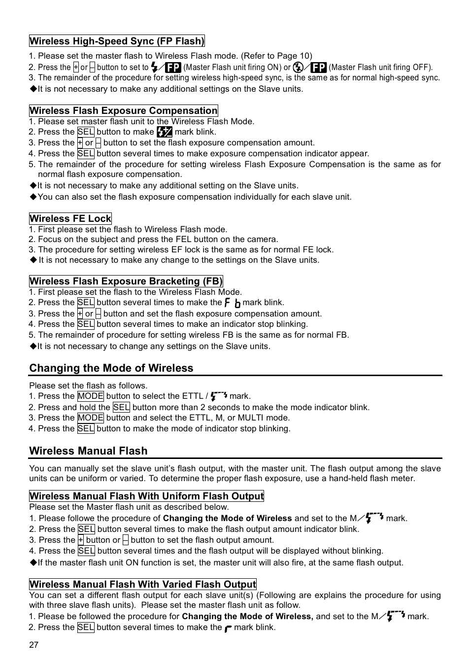 Changing the mode of wireless, Wireless manual flash | SIGMA EF-500 User Manual | Page 27 / 114