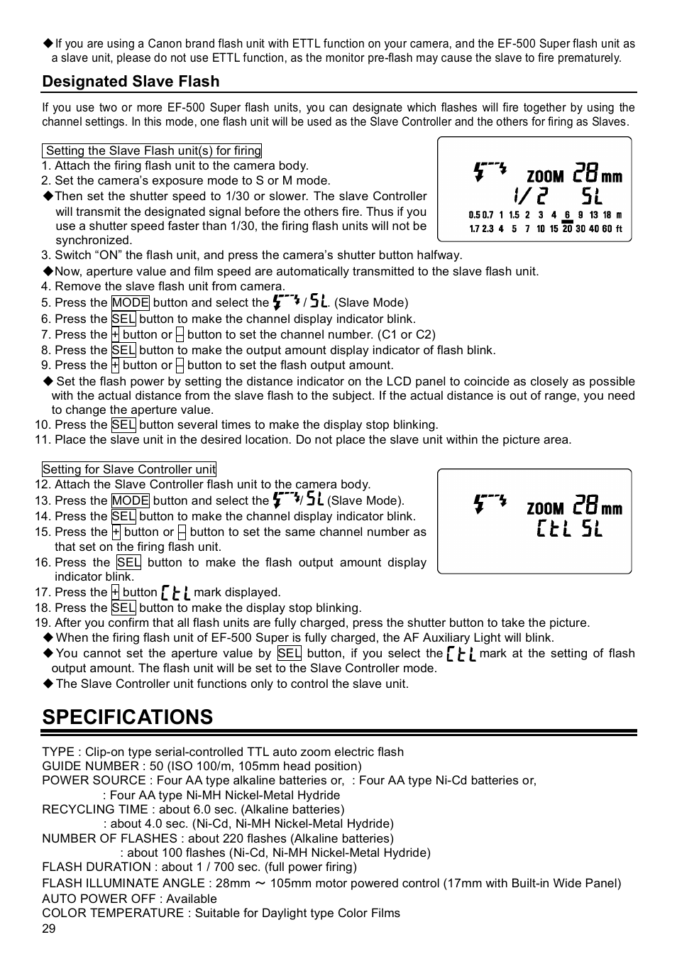 Specifications, Designated slave flash | SIGMA EF-500 User Manual | Page 29 / 114