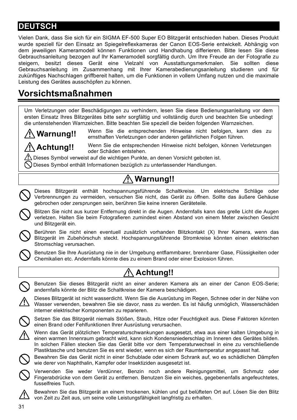 Vorsichtsmaßnahmen, Deutsch, Warnung | Achtung | SIGMA EF-500 User Manual | Page 31 / 114