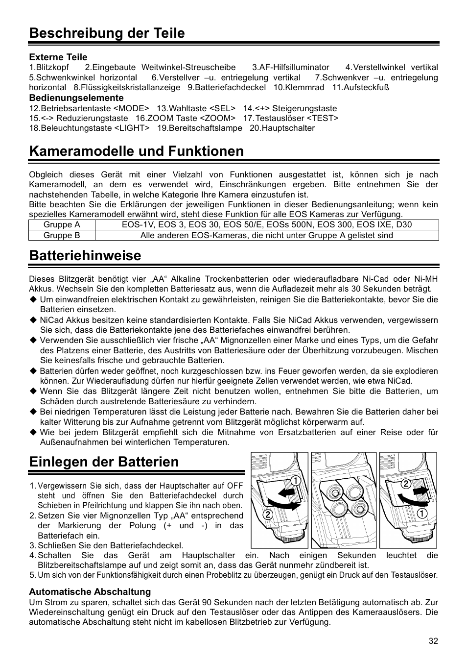 Beschreibung der teile, Kameramodelle und funktionen, Batteriehinweise | Einlegen der batterien | SIGMA EF-500 User Manual | Page 32 / 114