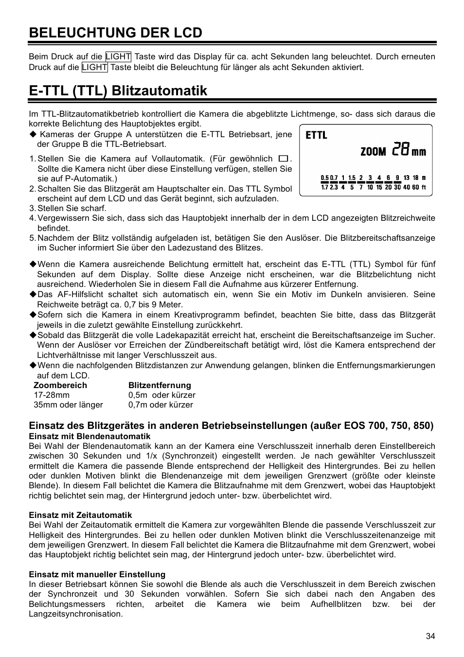 Beleuchtung der lcd, E-ttl (ttl) blitzautomatik | SIGMA EF-500 User Manual | Page 34 / 114