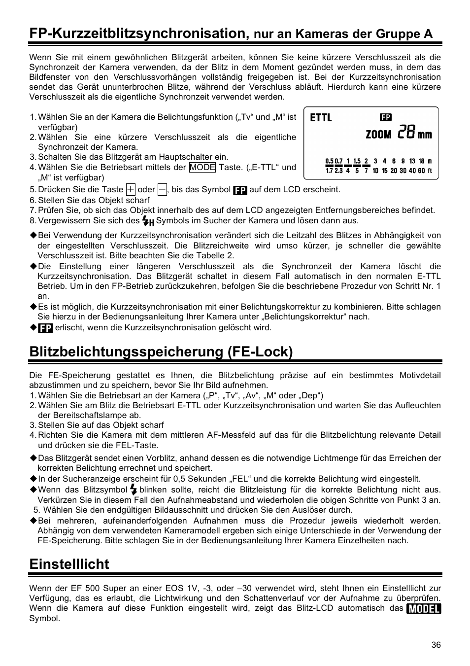 Fp-kurzzeitblitzsynchronisation, Blitzbelichtungsspeicherung (fe-lock), Einstelllicht | Nur an kameras der gruppe a | SIGMA EF-500 User Manual | Page 36 / 114