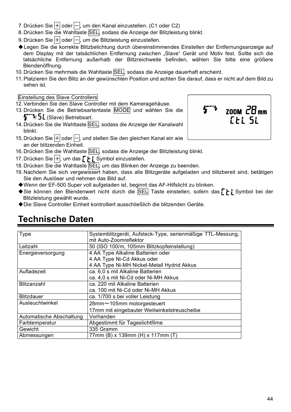 Technische daten | SIGMA EF-500 User Manual | Page 44 / 114