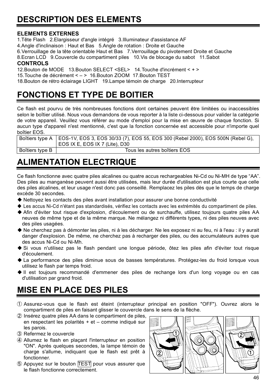 Description des elements, Fonctions et type de boitier, Alimentation electrique | Mise en place des piles | SIGMA EF-500 User Manual | Page 46 / 114