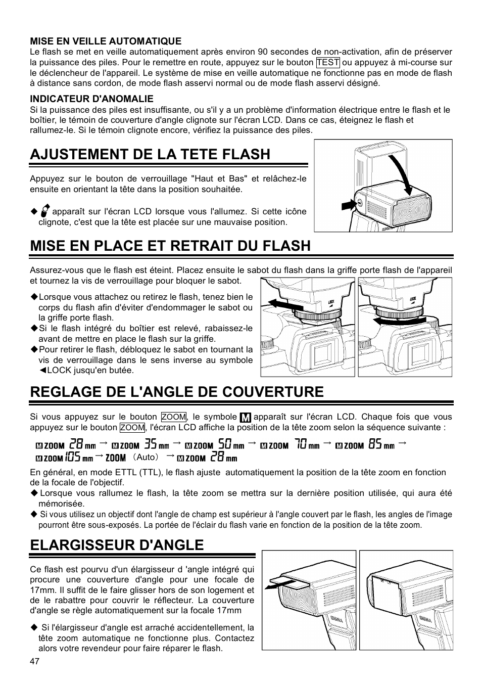 Ajustement de la tete flash, Mise en place et retrait du flash, Reglage de l'angle de couverture | Elargisseur d'angle | SIGMA EF-500 User Manual | Page 47 / 114