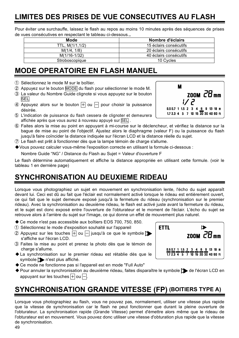 Limites des prises de vue consecutives au flash, Mode operatoire en flash manuel, Synchronisation au deuxieme rideau | Synchronisation grande vitesse (fp), Boitiers type a) | SIGMA EF-500 User Manual | Page 49 / 114