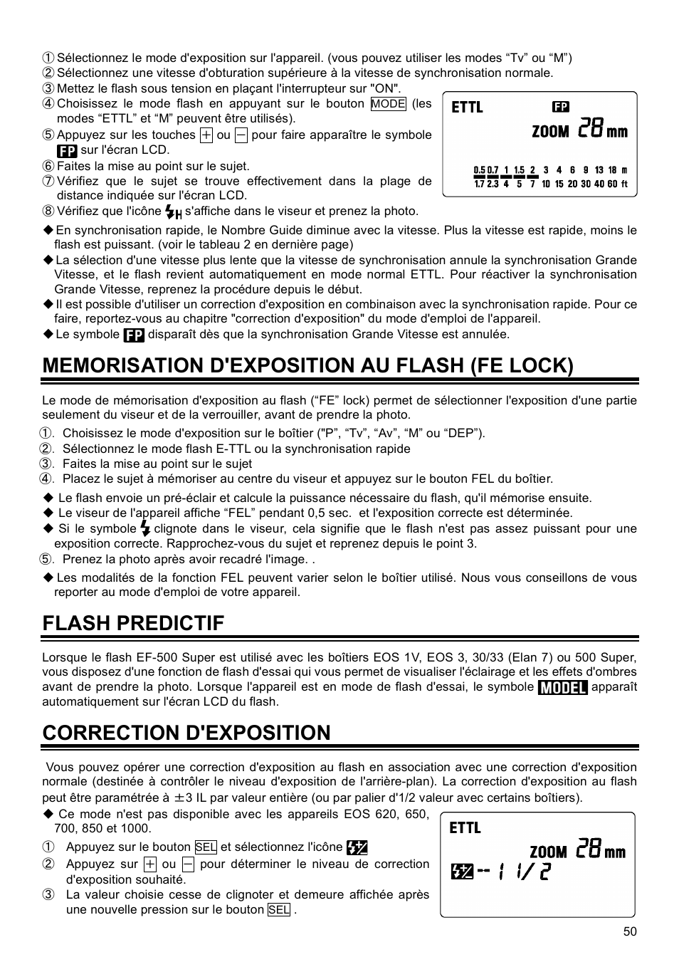 Flash predictif, Correction d'exposition | SIGMA EF-500 User Manual | Page 50 / 114