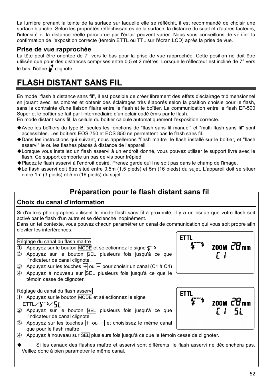 Flash distant sans fil, Préparation pour le flash distant sans fil, Prise de vue rapprochée | Choix du canal d'information | SIGMA EF-500 User Manual | Page 52 / 114