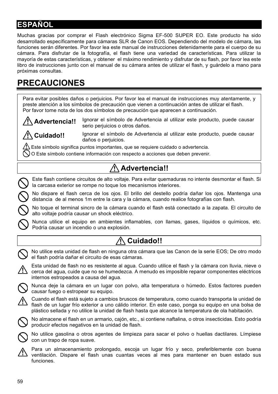 Precauciones, Español, Advertencia | Cuidado | SIGMA EF-500 User Manual | Page 59 / 114