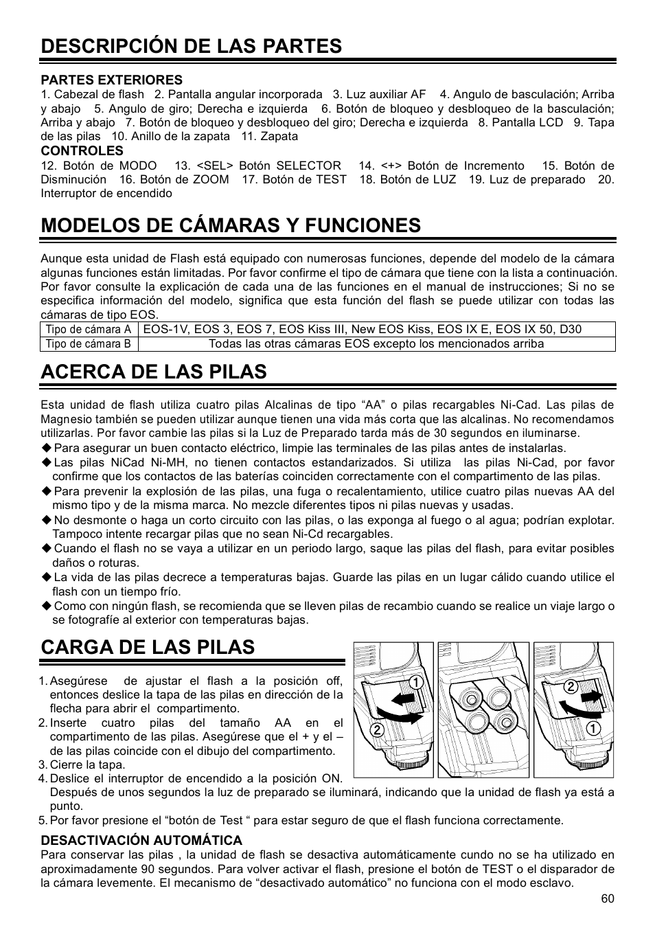 Descripción de las partes, Modelos de cámaras y funciones, Acerca de las pilas | Carga de las pilas | SIGMA EF-500 User Manual | Page 60 / 114