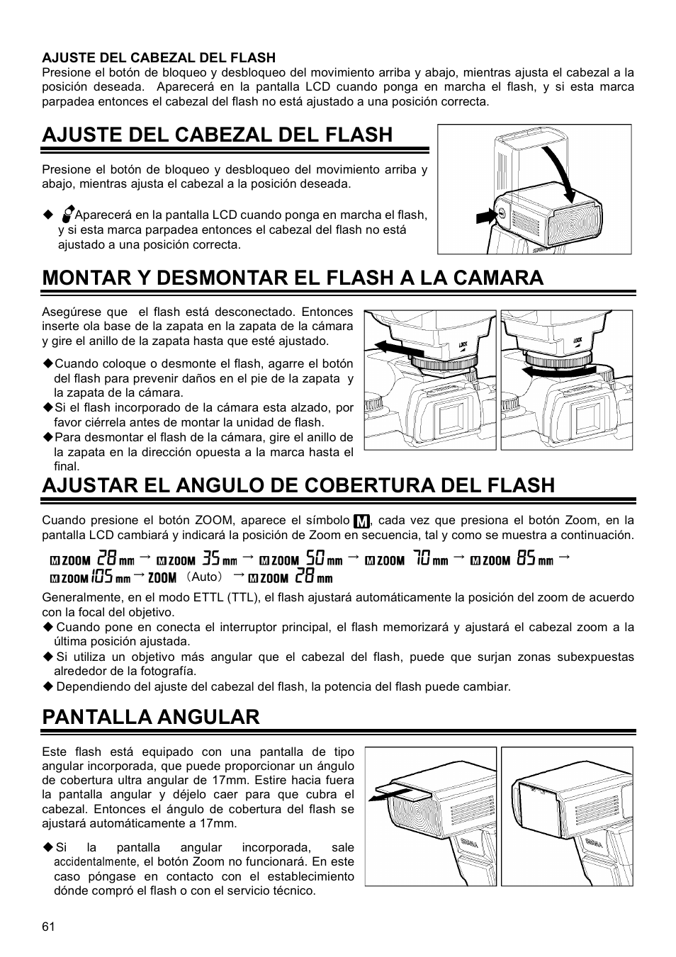 Ajuste del cabezal del flash, Montar y desmontar el flash a la camara, Ajustar el angulo de cobertura del flash | Pantalla angular | SIGMA EF-500 User Manual | Page 61 / 114