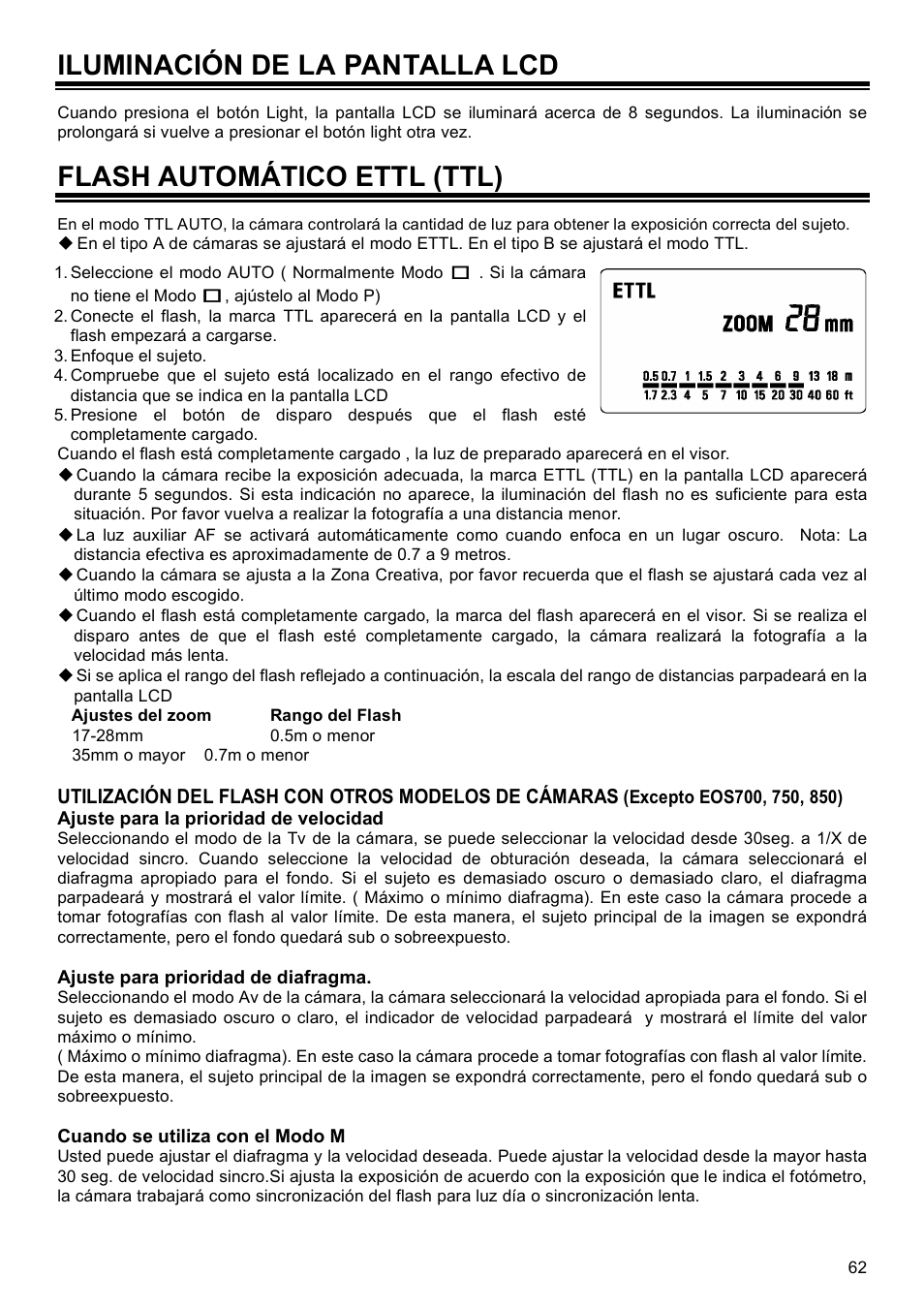 Iluminación de la pantalla lcd, Flash automático ettl (ttl) | SIGMA EF-500 User Manual | Page 62 / 114