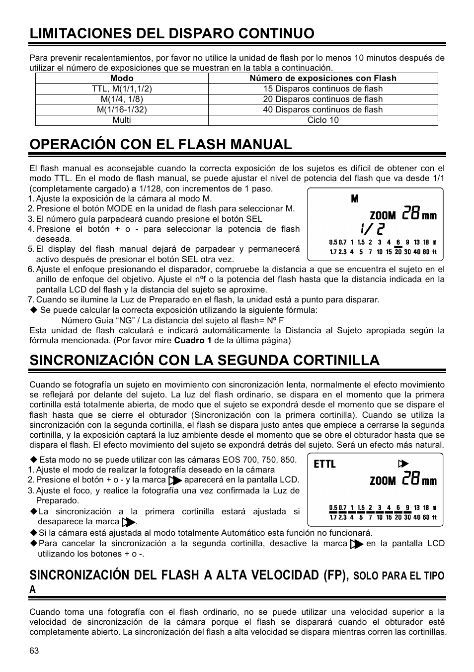 Limitaciones del disparo continuo, Operación con el flash manual, Sincronización con la segunda cortinilla | Sincronización del flash a alta velocidad (fp), Solo para el tipo a | SIGMA EF-500 User Manual | Page 63 / 114