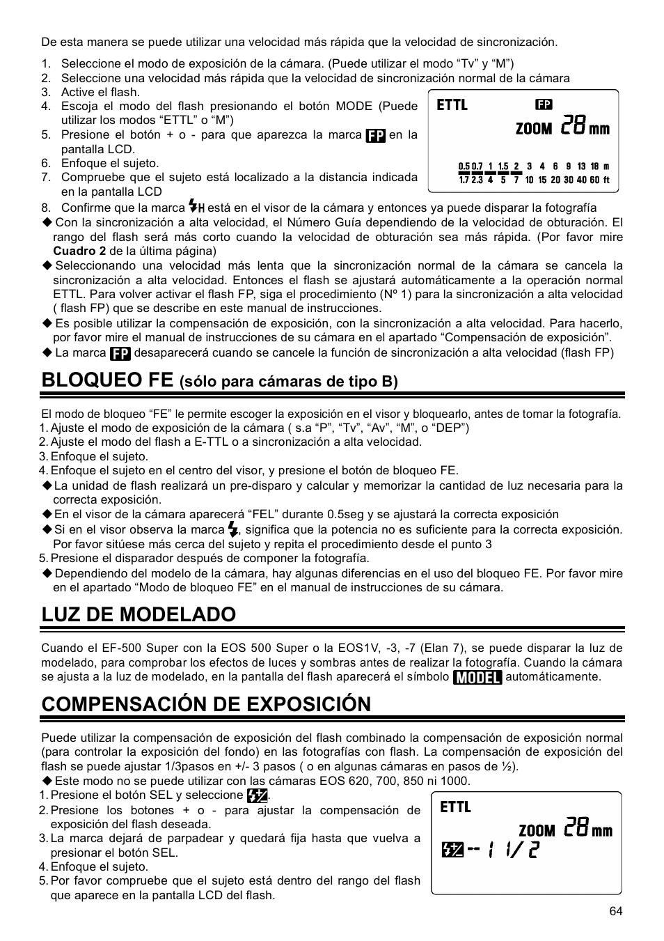 Bloqueo fe, Luz de modelado, Compensación de exposición | Sólo para cámaras de tipo b) | SIGMA EF-500 User Manual | Page 64 / 114