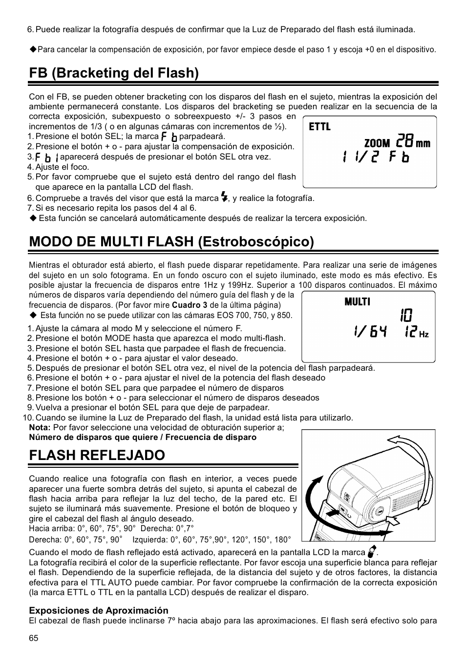 Fb (bracketing del flash), Modo de multi flash (estroboscópico), Flash reflejado | SIGMA EF-500 User Manual | Page 65 / 114