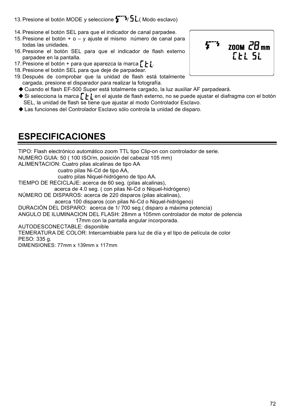 Especificaciones | SIGMA EF-500 User Manual | Page 72 / 114