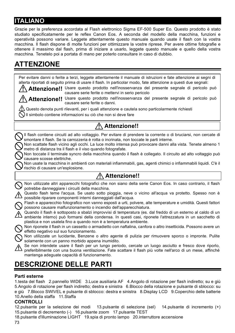 Attenzione, Descrizione delle parti, Italiano | SIGMA EF-500 User Manual | Page 73 / 114