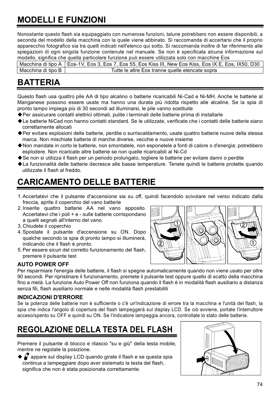 Modelli e funzioni, Batteria, Caricamento delle batterie | Regolazione della testa del flash | SIGMA EF-500 User Manual | Page 74 / 114