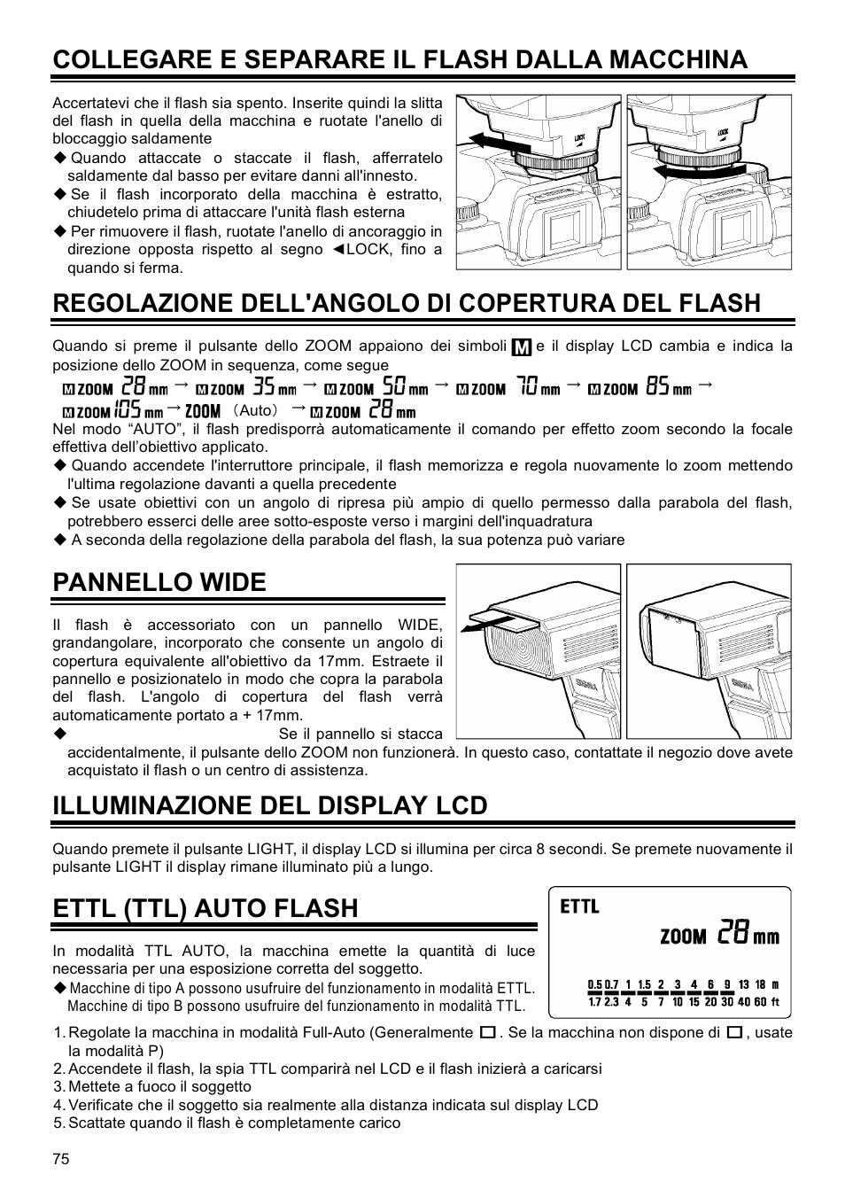 Collegare e separare il flash dalla macchina, Regolazione dell'angolo di copertura del flash, Pannello wide | Illuminazione del display lcd, Ettl (ttl) auto flash | SIGMA EF-500 User Manual | Page 75 / 114