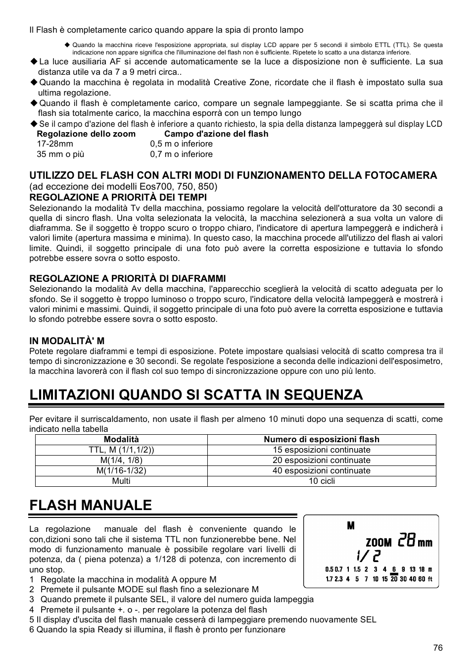 Limitazioni quando si scatta in sequenza, Flash manuale | SIGMA EF-500 User Manual | Page 76 / 114