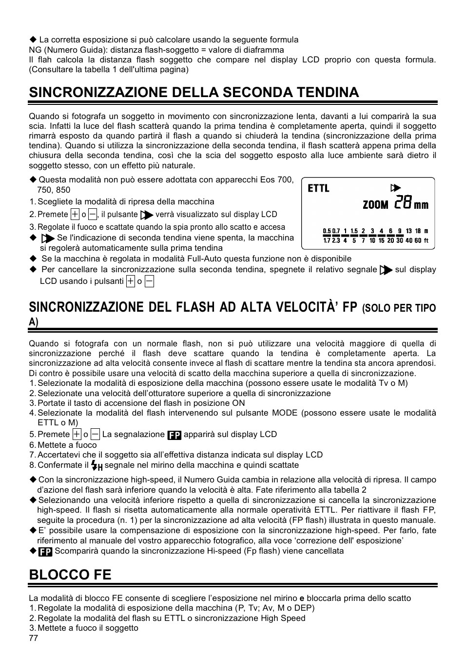 Sincronizzazione della seconda tendina, Sincronizzazione del flash ad alta velocità’ fp, Blocco fe | Solo per tipo a) | SIGMA EF-500 User Manual | Page 77 / 114