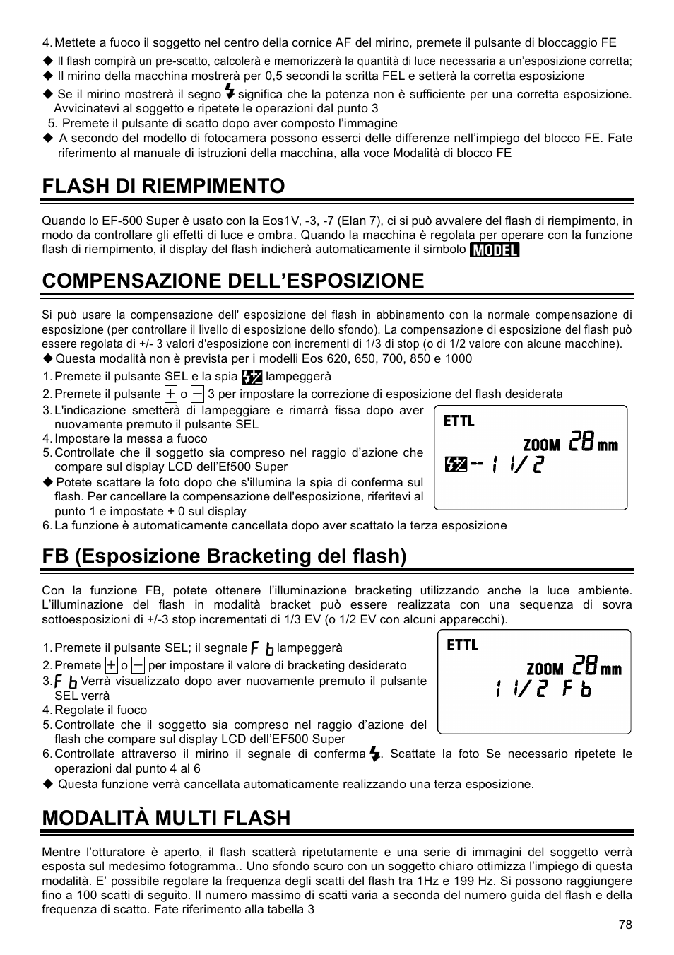 Flash di riempimento, Compensazione dell’esposizione, Fb (esposizione bracketing del flash) | Modalità multi flash | SIGMA EF-500 User Manual | Page 78 / 114