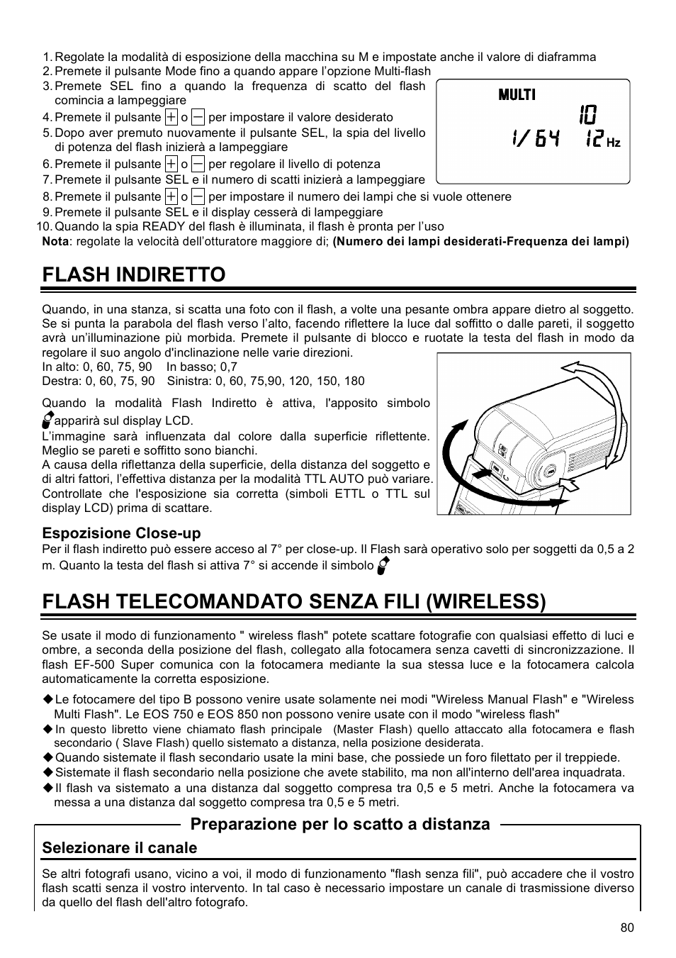 Flash indiretto, Flash telecomandato senza fili (wireless), Preparazione per lo scatto a distanza | Selezionare il canale | SIGMA EF-500 User Manual | Page 80 / 114