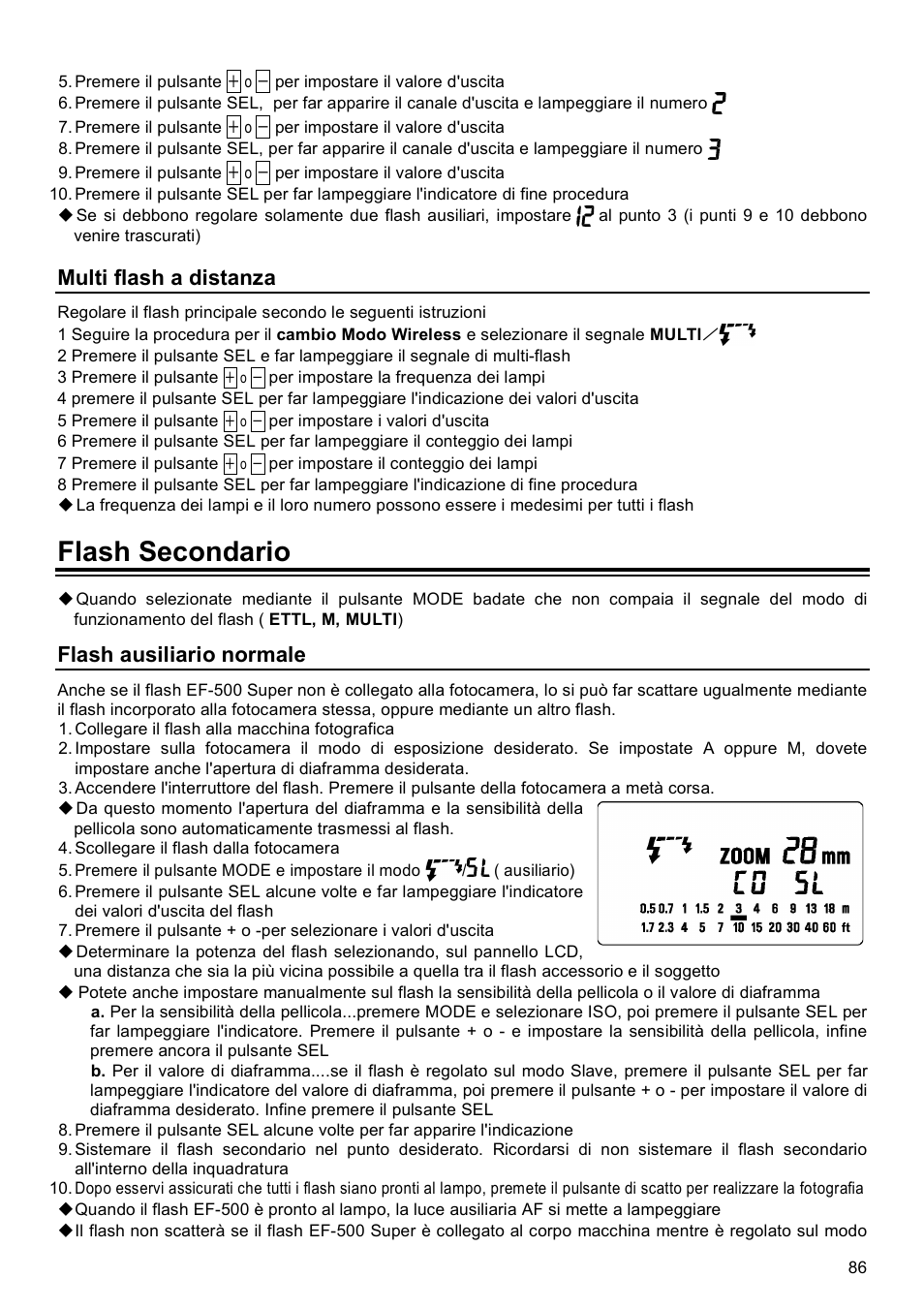 Flash secondario, Multi flash a distanza, Flash ausiliario normale | SIGMA EF-500 User Manual | Page 86 / 114