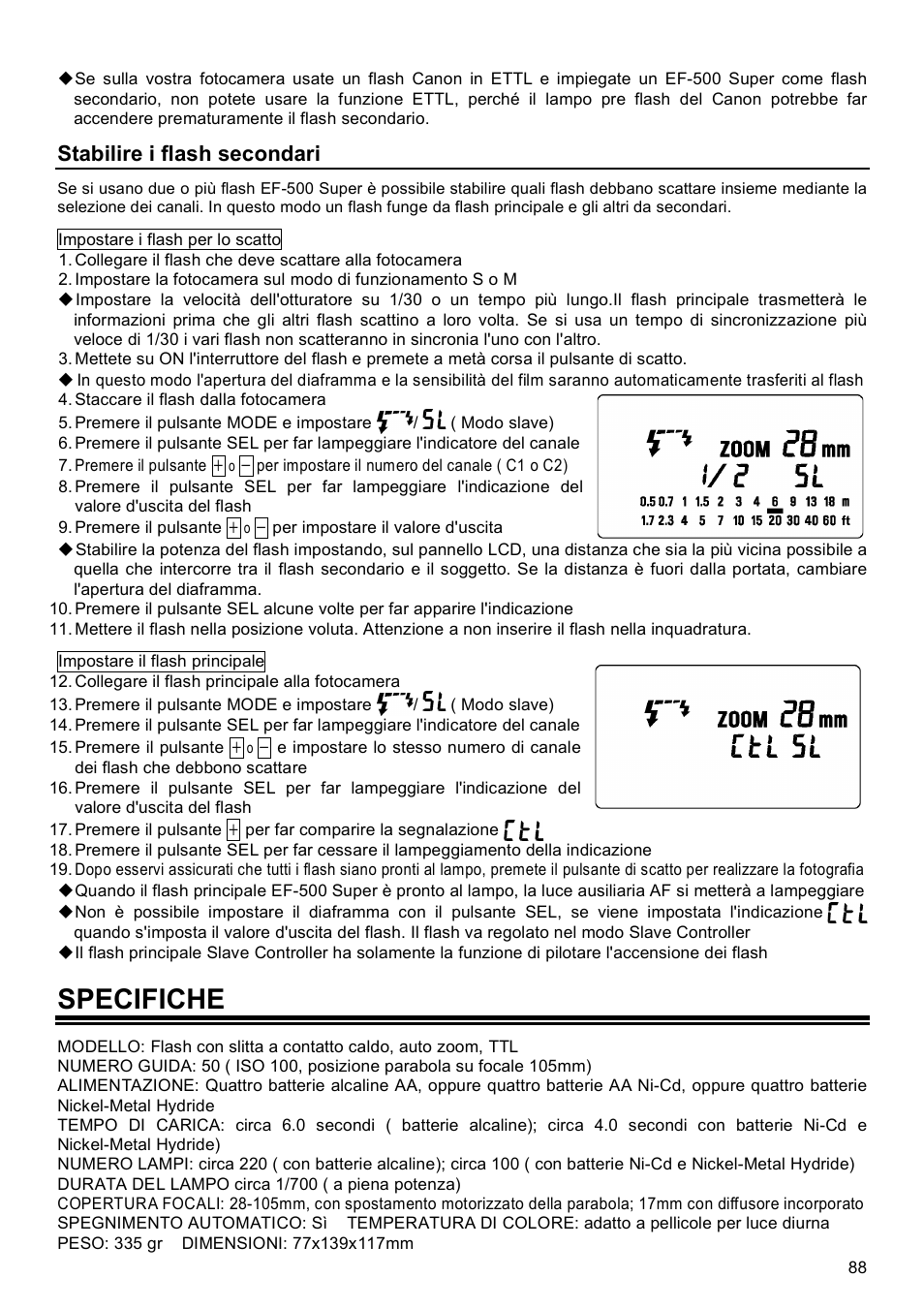 Specifiche, Stabilire i flash secondari | SIGMA EF-500 User Manual | Page 88 / 114