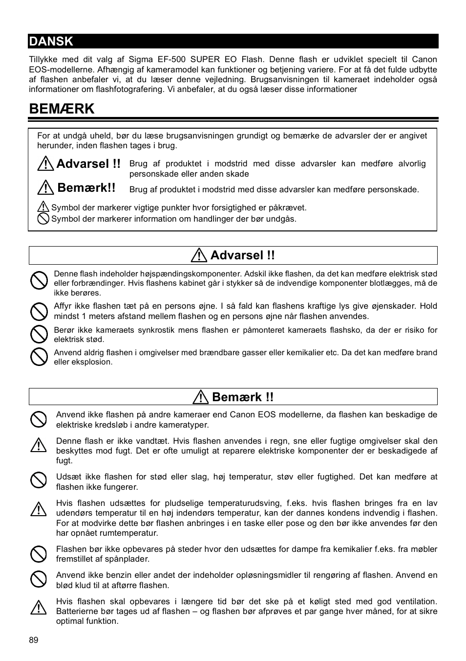 Bemærk, Dansk, Advarsel | SIGMA EF-500 User Manual | Page 89 / 114