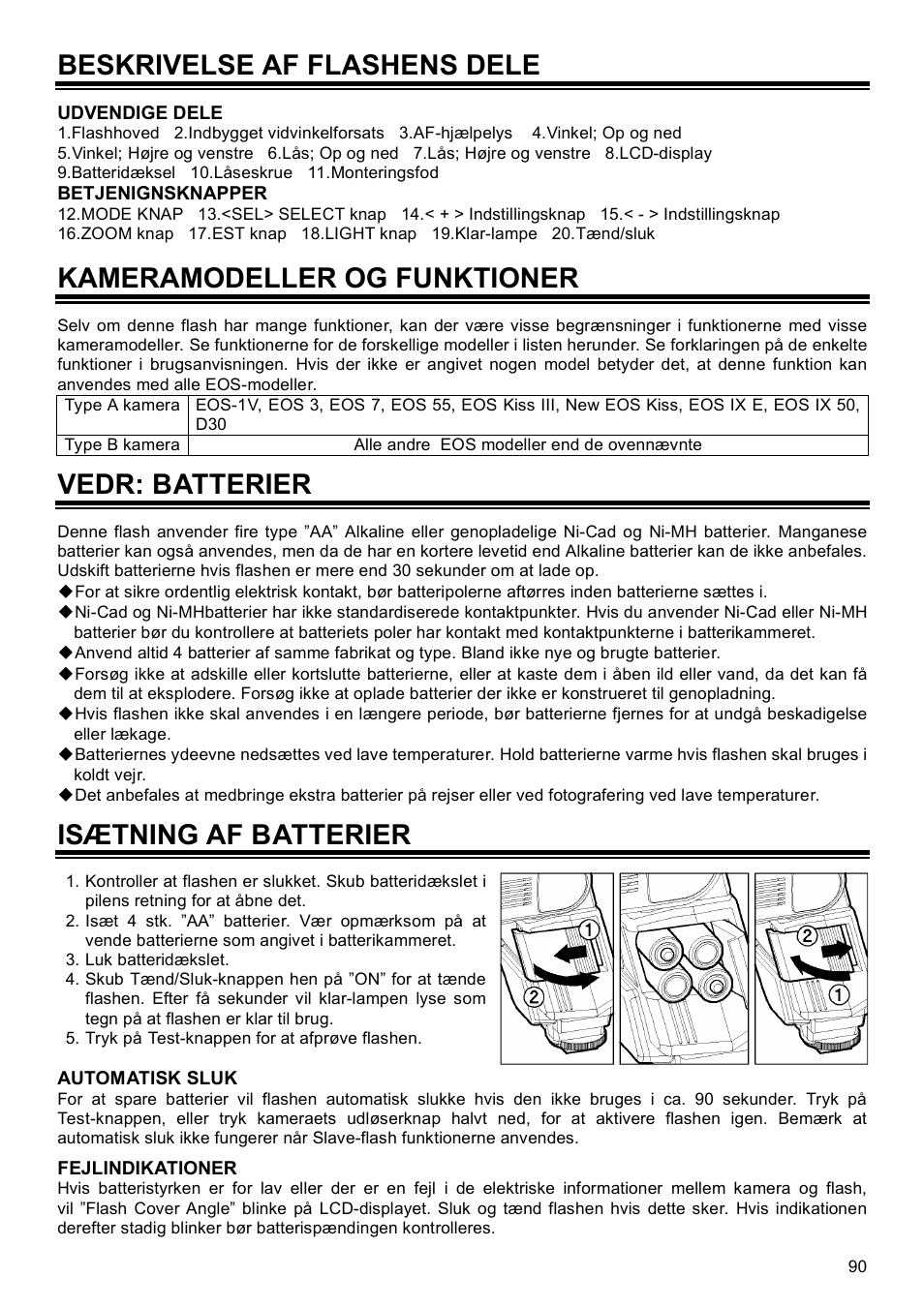 Beskrivelse af flashens dele, Kameramodeller og funktioner, Vedr: batterier | Isætning af batterier | SIGMA EF-500 User Manual | Page 90 / 114