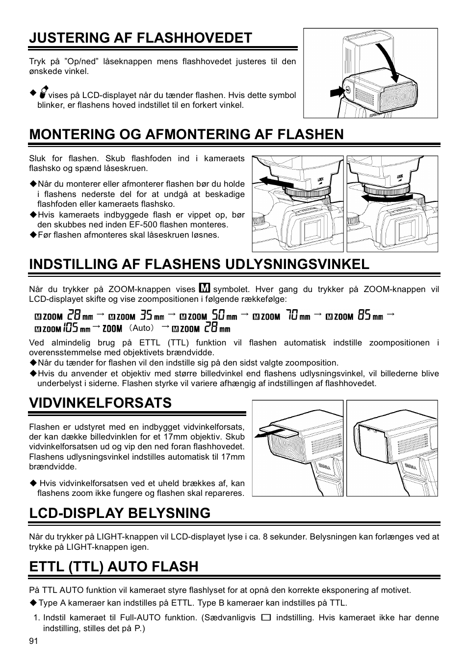 Justering af flashhovedet, Montering og afmontering af flashen, Indstilling af flashens udlysningsvinkel | Vidvinkelforsats, Lcd-display belysning, Ettl (ttl) auto flash | SIGMA EF-500 User Manual | Page 91 / 114