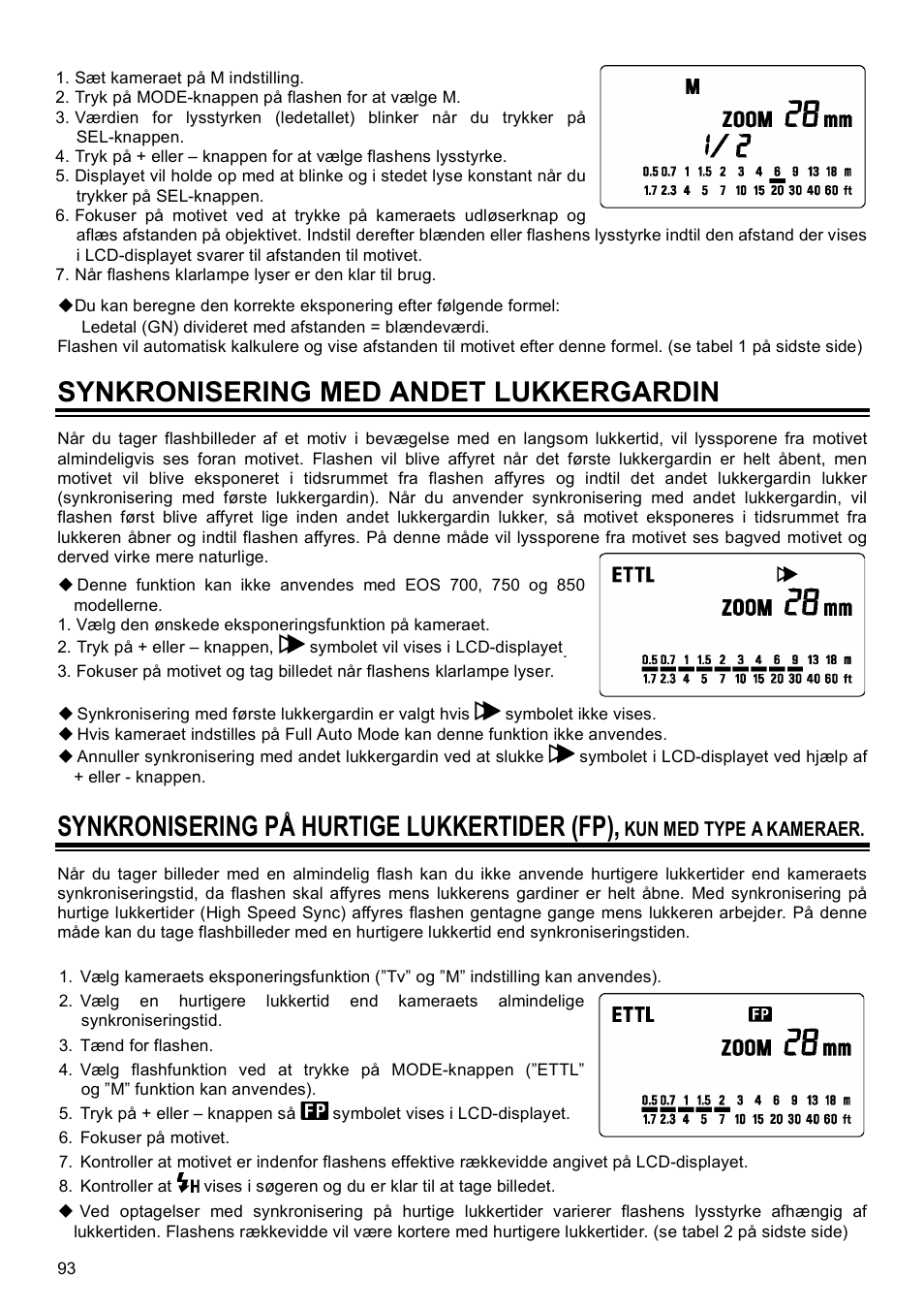 Synkronisering med andet lukkergardin, Synkronisering på hurtige lukkertider (fp) | SIGMA EF-500 User Manual | Page 93 / 114