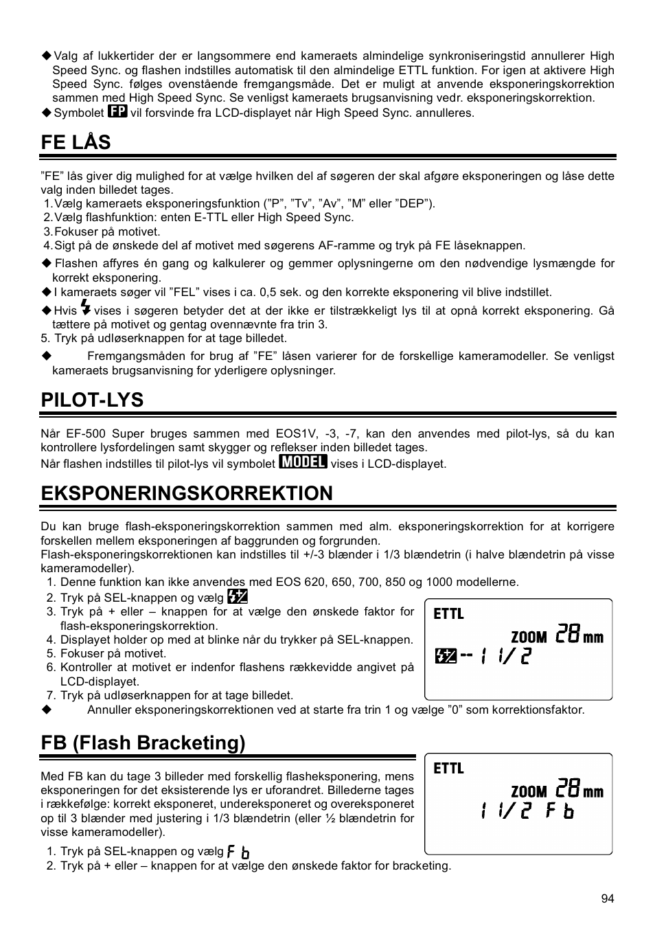 Fe lås, Pilot-lys, Eksponeringskorrektion | Fb (flash bracketing) | SIGMA EF-500 User Manual | Page 94 / 114