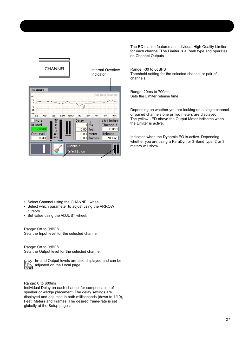 Editing, Channel view edit - delay/limiter channel limiter | SIGMA EQ Station User Manual | Page 23 / 49